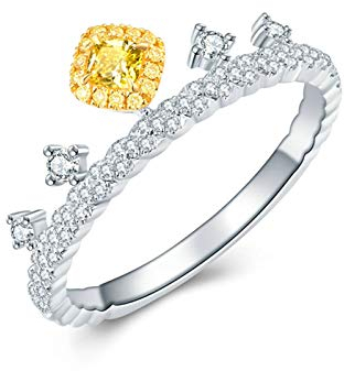 Daesar 18K Weißgold Ring Frauen, Hochzeitsring Weißgold Ring Krone Ring mit Gelb Diamant 0.1ct Gr. 50 (15.9)