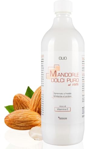 Farmazan Olio di Mandorle Dolci Puro 100%, Olio Corpo Spremuto a Freddo, Naturale e Senza Profumo 1000ml, per Gravidanza, Neonati, Pelle e Capelli Secchi, Made in Italy