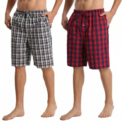 YUSHOW Lot de 2 Short de Pyjama Homme en Coton à Carreaux d'été avec Poches