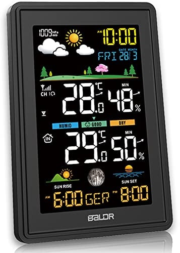 Konsen Wetterstation funk mit Außensensor Multifunktionale Funkwetterstation DCF Funkuhr Digital Thermometer Hygrometer mit Wettervorhersage, Schwarz