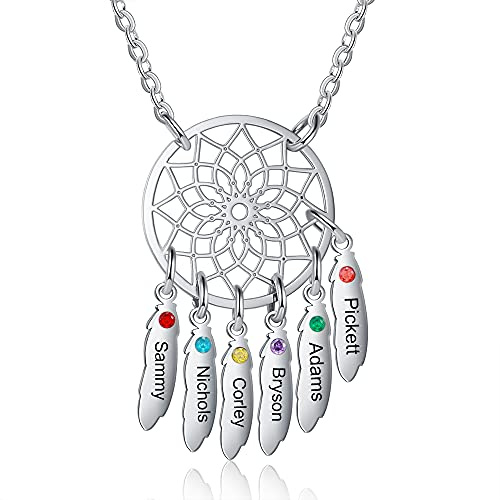 ALBERTBAND Collier prénom personnalisé Pendentif Dream Catcher Chain Choker Gravure 1-7 Noms pour Femmes Dream Catcher Collier avec Pierres de Naissance (6 names)
