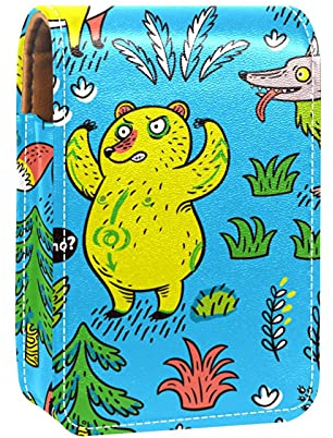 Lippenstift-Etui mit Spiegel, Bär, Fuchs, Eule, Wolf, Baum, blauer Lipgloss-Halter, tragbare Lippenstift-Aufbewahrungsbox, Reise-Make-up-Tasche, Mini-Leder-Kosmetiktasche, hält 3 Lippenstifte,