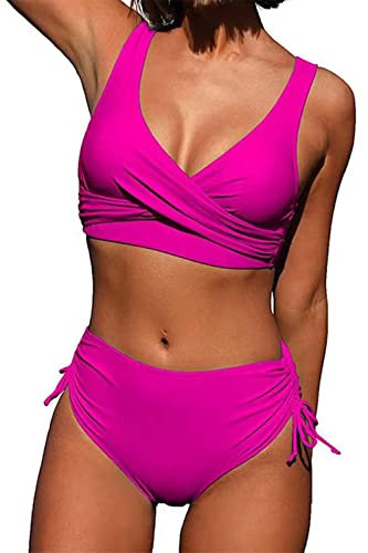 Yutdeng Costumi da Bagno Donna Due Pezzi Push Up Backless Reggiseno Imbottito Bikini Set con Slip Vita Alta Vintage Halter Bandage Mare Spiaggia Rosa M
