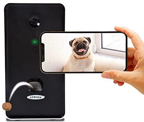 Lentek Smart Pet Treat Tosser with HD Camera 10oz Capacity 2-Way Audio Record and Share Photo and Video Smartphone-Controlled WiFi Cat or Dog Treat Dispenser with Free App for iPhone and Android