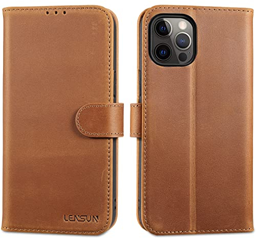 LENSUN Echtleder Hülle für iPhone 12 Pro Max, Handyhülle [Echtes Leder][Magnetverschluss][RFID Schutz] Handytasche Lederhülle für iPhone 12 Pro Max 5G-Vintage Braun