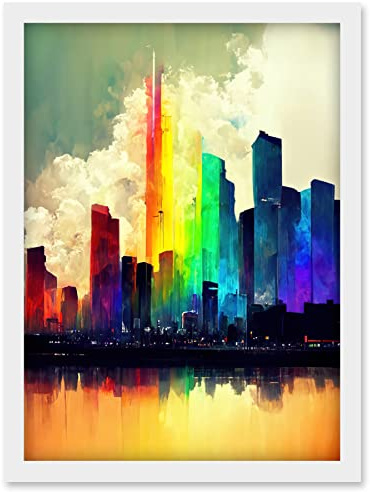 Doppelganger33 LTD Glass City Of Rainbow Reflections Cityscape Artwork Framed Wall Art Print A4