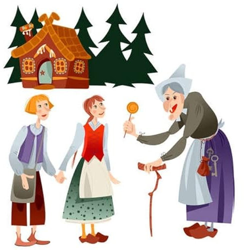 adrium Poster-Bild 50 x 50 cm: Die Hexe heißt die kleinen Geschwister in ihrem Lebkuchenhaus willkommen. Charaktere eines deutschen Märchens Hänsel und (184399319)