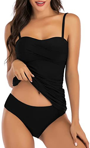 Yutdeng Tankini a Fascia da Donna Costume da Bagno Donna Due Pezzi Tankini da Mare Sexy Bandeau Push Up Swimsuit Spallacci Rimovibili e Regolabili per Spiaggia Party Piscina,Nero,XL