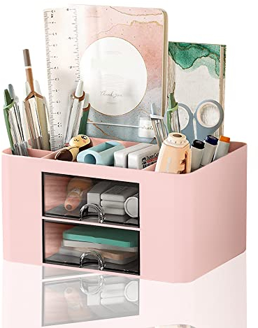 Schreibtisch-Organizer mit Schublade, Multifunktionaler Stiftehalter Schreibtisch Organizer mit 7 Fächern, Tisch Organizer aus Kunststoff für Bürobedarf, Stifteköcher für Büro Zuhause Schule (Rosa)