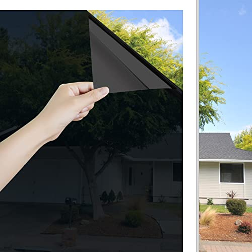 Ohmywor Fensterfolie Sonnenschutz Selbsthaftend Sichtschutz Hitzeschutz Spiegelfolie von Aussen Durchsichtig von Innen Anti-UV für Bad und Büro Fenster, Schwarz 60x400cm