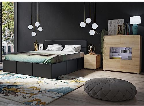 Lomadox Schlafzimmer Set 4-teilig mit Bett 160x200cm, 2 Nachttische, Highboard in Eiche Nb. mit Kunstleder Graphit Modern
