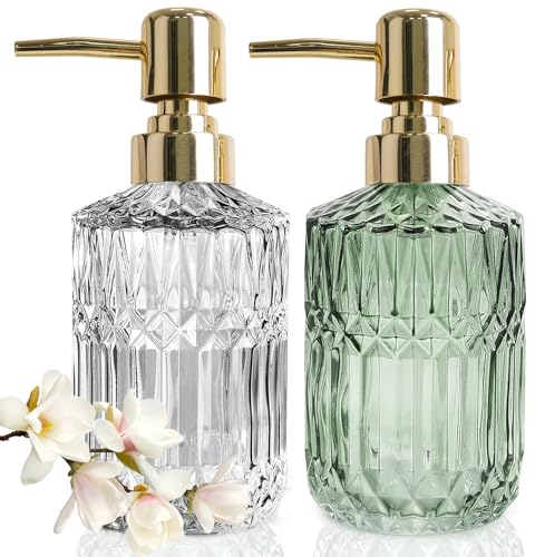JINYOMFLY Distributeur Savon en Verre Lot de 2, Vert Transparent Distributeur Savon Verre, Elegant Flacon Pompe en Verre 390 ML, Distributeur Savon Liquide Vintage pour Salle de Bain
