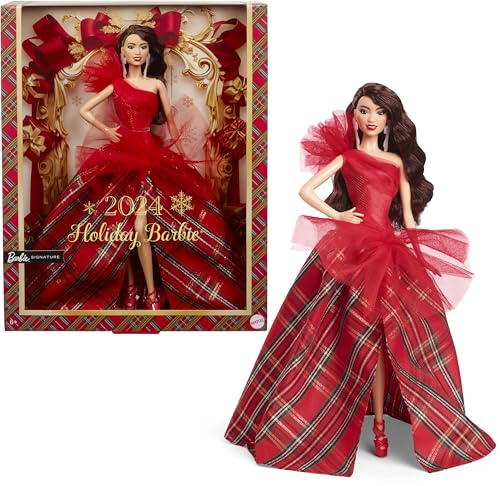 Barbie Signature 2024 Holiday Dolls, saisonales Sammlergeschenk, kariertes Kleid mit roter Schleife, Ausstellungsbox, Dunkelbraunes Haar