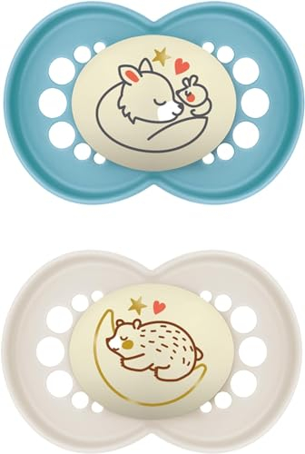 MAM Original Night Soothers | 16 Plus Months | 2 Pack | Glow in The Dark Dummies | Comes in Dummy Steriliser Case | Sustainable Materials | Baby Accessories | Blue (Various Designs)