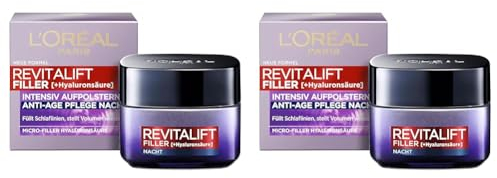L'Oréal Paris Hyaluron Nachtcreme, Anti-Aging Gesichtspflege mit Micro-Filler Hyaluronsäure für Feuchtigkeit und Anti Falten Effekt, Revitalift Filler, 1 x 50 ml (Packung mit 2)