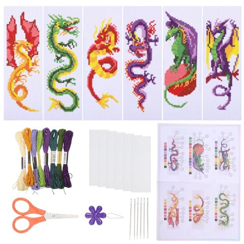 ORIGACH 6 Stück Lesezeichen Kreuzstich Kits, Drachen muster Anfänger Kreuzstich Set Mit Anleitung Vorgedruckt Lesezeichen Kreuzstich Set für Erwachsene, 20x6 cm