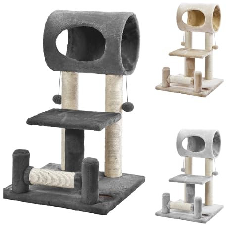 PATAM Tiragraffi per Gatti con Gioco e Base Rinforzata, Tunnel Grigio Scuro