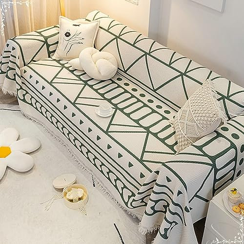 Bishilin Sofa Überzug Nordisch 180x300CM, Couchbezug Eckcouch 3 Sitzer Grün Geometriemit Quasten 180x300CM Sofaüberwurf rutschfest Sofabezug Universal