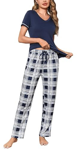 Litherday Ensemble de Pyjama Femme Coton Vêtements de Nuit à Manches Courtes + Bas de Pyjama à Carreaux Vêtement d'Intérieur Bleu L