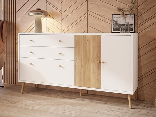 Forte Harllson, einfache Montage Dank EasyKlix Kommode Weiß mit Holzdekor: Mauvella Eiche, Sideboard, 2 Schubladen, 3 Türen, Mid Century Stil, 160 cm breit x 86 cm hoch x 41 cm tief