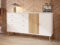 Forte Harllson, einfache Montage Dank EasyKlix Kommode Weiß mit Holzdekor: Mauvella Eiche, Sideboard, 2 Schubladen, 3 Türen, Mid Century Stil, 160 cm breit x 86 cm hoch x 41 cm tief