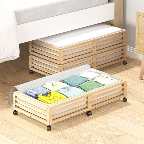 WISUCART Bamboo Under Bed Storage Containers- Underbed Organizer with Wheels with Large Capacity Dust Bag,Sturdy Wood Rolling Under Bed Shoe Storage Organizer Drawer 2 Packs (Nature, Large)
