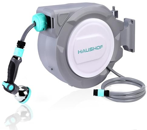 HAUSHOF 30m Wall Mounted Hose Reel with 10-in-1 Spray Gun, 180° Swivel Garden Hose Reel, Auto Retractable Hose Pipe Reel with Lock Mechanism, Ideal for Outdoor Watering