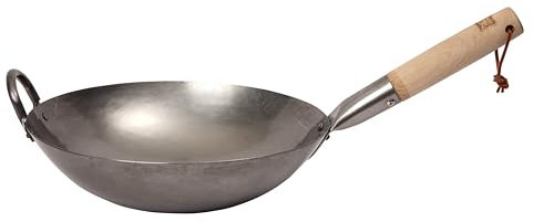 School of Wok - 30 cm unbeschichteter Karbonstahl-Wok, flacher Boden, Griff aus Buchenholz, für alle Herdarten geeignet, für 2–3 Personen