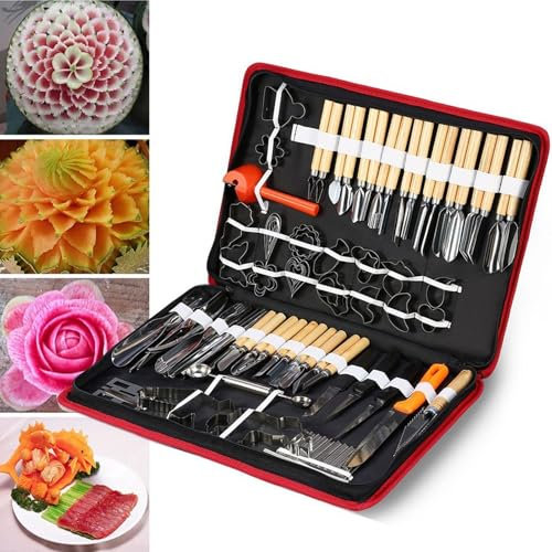 Obst- und Gemüse-Schnitzwerkzeug-Set, 80-teilig, multifunktionaler dekorativer Küchenschneider, multifunktionales Lebensmittel-Schnitzset aus Edelstahl, DIY-Schälwerkzeug-Set for Gemüse, Obst mit trag