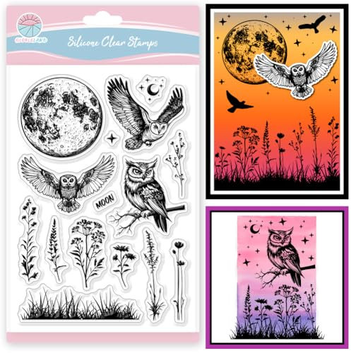 GLOBLELAND Klare Stempel Mit Wildblumen Motiv Eule Und Mond Silikon Klarstempel Gras Silhouette Transparente Stempel Für Selbstgemachtes Scrapbooking Und Kartenmachen Fotoalbum Tagebuch 6.3x4.33 Zoll