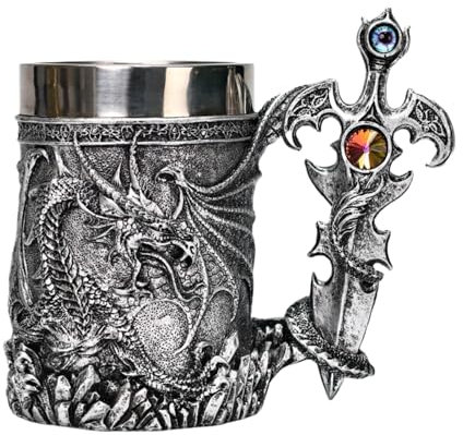 jamgeery Nordischer Wikinger Bierkrug, Retro Bierbecher Mit Drachenmuster Kaffeetasse Aus Edelstah Vatertagsgeschenk Tolles Geschenk Für Männer, 600ml