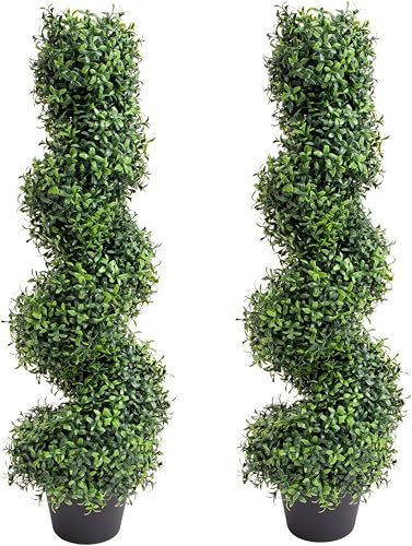 WUDLEP 90cm Spiral Topiary Trees, Artificial Outdoor 2 Pack Faux Boxwood Plants, Outside Fake Bushes and Shrubs for Front Porch Garden Patio Decor