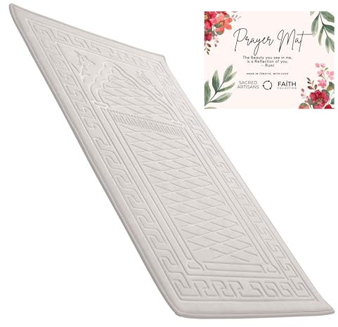 Sacred Artisans Gebetsteppich | Gepolsterte muslimische Gebetsmatte mit dickem Schaum, weichem Samt, Geschenk für Ramadan (Seide Creme)