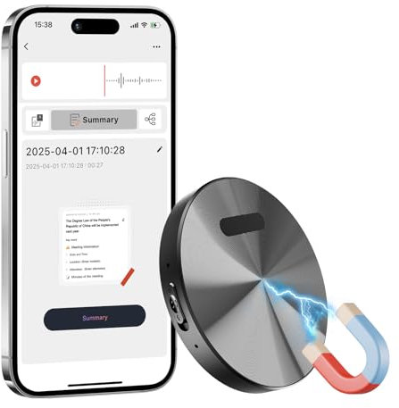 Registratore Vocale AI - Mini Registratori Vocali Digitali Professionale Magnetico con Trascrizione e Traduzione in Tempo Reale, App Controllata, Riduzione Rumore Compatibile con Android/iOS