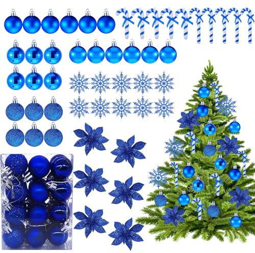 54PCS Christmas Tree Decorations Ornaments, Shatterproof Plastic Christmas Baubles Artificial Glitter Snowflake Decorative Poinsettia Flowers Candy Cane for Xmas Decorations Festive Holiday Home Decor