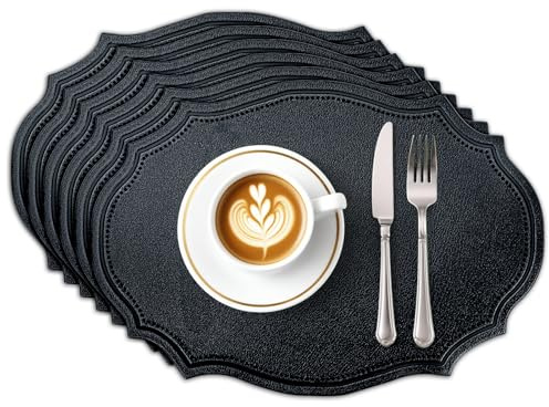 Privalace 6er Set Lederoptik Platzsets Doppelseitigen Schwarz 43x29.5cm | Kunstleder Tischsets Abwaschbar Rutschfest Hitzebeständig Wasserdicht Platzdeckchen für Küche Speisetisch Fest Zuhause