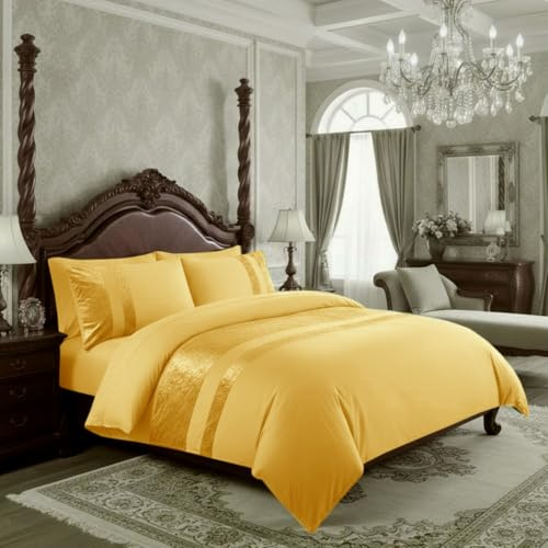 Casabella Luxury Crushed Velvet Panel Band Duvet Cover Sets with Pillow Case Bedding Set – Ochre Crush Velvet King Duvet Set