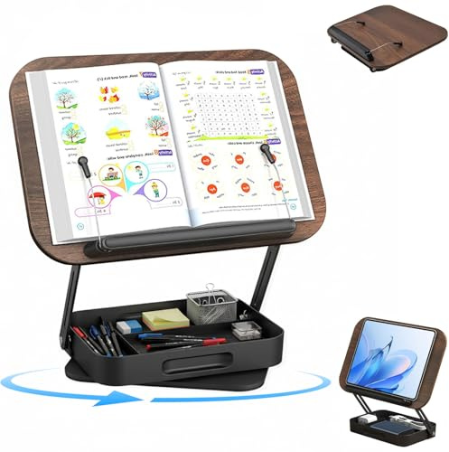 Buchständer Holz - 34x23.5cm Drehbarer Buchhalter mit Höhenverstellung, 360° Drehbare Basis mit praktischem Stauraum, für Schreibtischzubehör, Notenständer, Tablet/Laptop