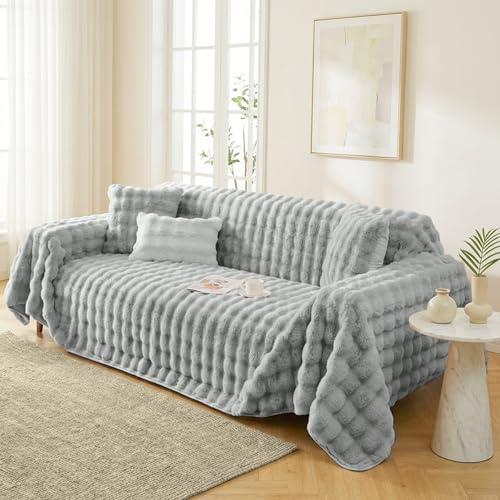 IRONDELIC Überzug Sofa mit Wellenmuster 180x300cm, Sofaüberwurf Couchbezug Flauschig aus Kunstkaninchenfell, Sofa Covers Ecksofa L-Form Decke, Dicke Sofaschoner für Winter Warm(Dreisitzer, Grau)