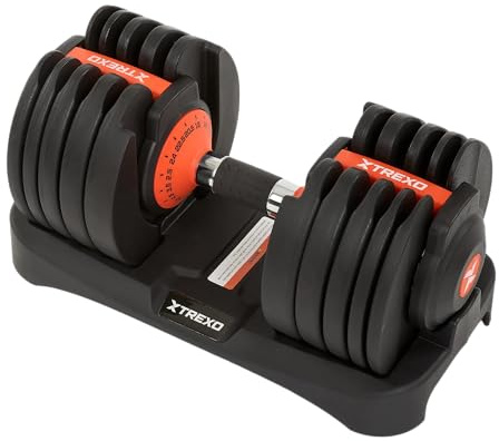 Schnelle Gewichtsanpassung im Griff – Trexo EVO Verstellbare Kurzhantel – Stahlzahnrad & rutschfester Chromgriff – 24 kg Set mit Ablage – für Krafttraining im Home Gym