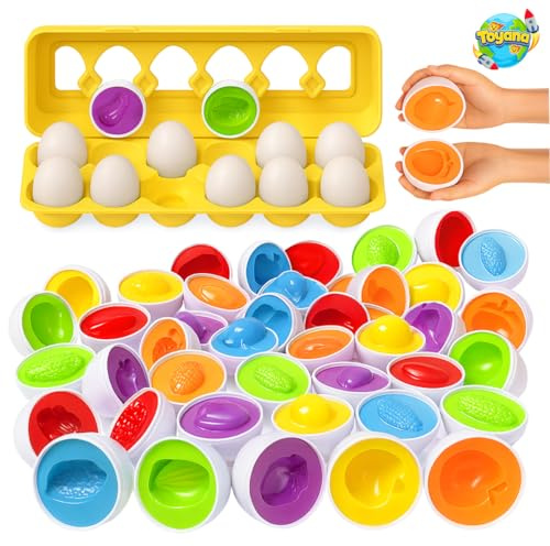 Toyana Baby Matching Eggs Toy in Box, 12 Eggs 24 PCs Shape & Colour Sorting Puzzle, Fine Motor Skills Toy, Educational Sensory Learning Preschool Toddler Montessori Easter Gift Play Set for Boys Girls