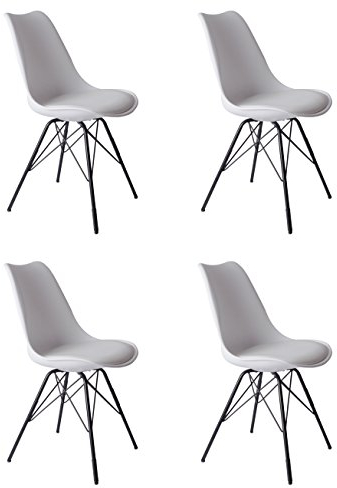 SAM 4er Set Schalenstuhl Lerche, weiß, integriertes Kunstleder-Sitzkissen, Schwarze Metallfüße, Esszimmerstuhl im skandinavischen Stil