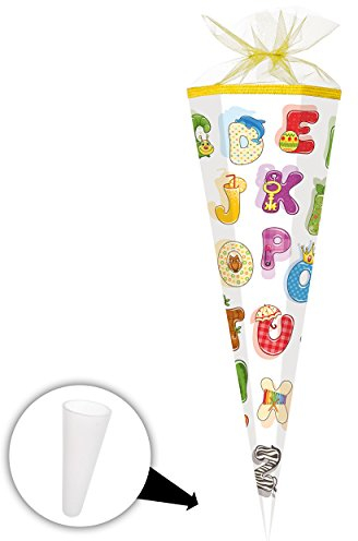 Schultüte - Buchstaben & Alphabet - 50 cm - rund - mit Tüllabschluß - Zuckertüte - mit/ohne Kunststoff Spitze - Nestler - Mädchen Jungen - Buchstabe bun..