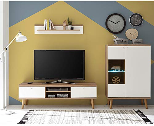 Lomadox Wohnzimmer Wohnwand weiß matt mit Eiche Riviera Nb. im Vintage Stil