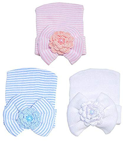 DRESHOW 3 Pcs Newborn Hospital Hat Infant Baby Hat Cap with Big Bow Soft Cute Knot Nursery Beanie