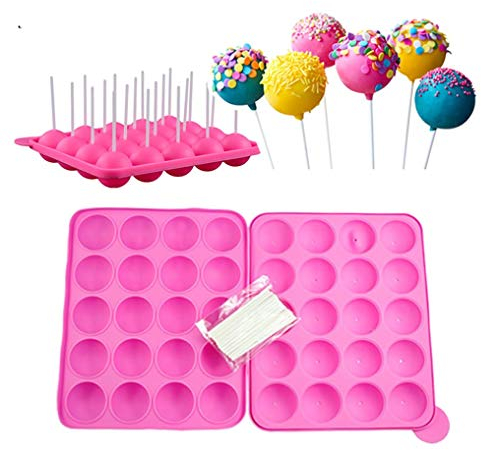 20 Hohlraum Formen Silikon Lollipop Tablett - Größe 22.5 * 18 * 3 cm Kreis Durchmesser 4 cm, hitzebeständig -40°C zu 230°C mit 20 Sticks (Rosa)