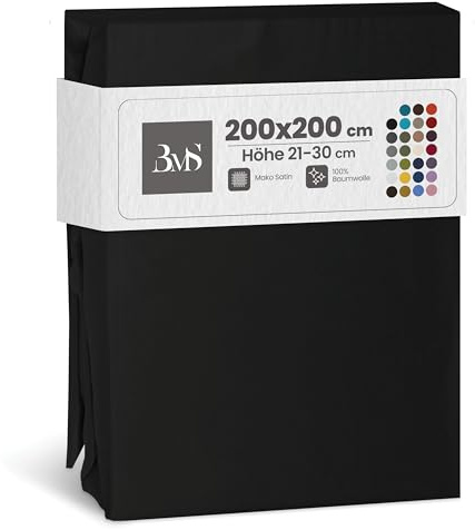 Bettwaesche-mit-Stil Mako Satin Spannbettlaken Spannlaken Spannbetttuch (200 cm x 200 cm, Matratzenhhöhe 21-30cm, Schwarz)