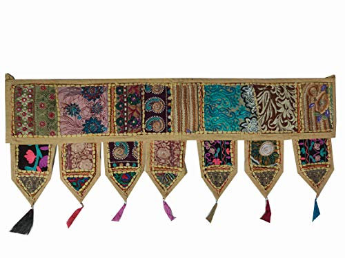 ICC valances for Windows Toran Cotton Vintage Patchwork Door Hanging Valance Window Hand Embroidered Bohemian Decor Living Room Wall Bedroom Home Handmade Decorations Camel Brown 42 Inches