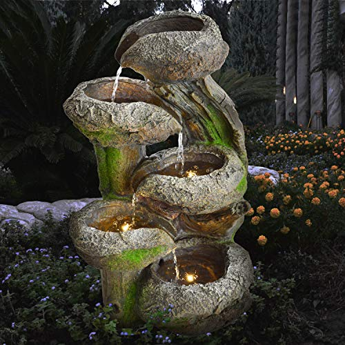 Fontaine de Jardin avec Lumière LED et Pompe 230/12 V 57 cm - Souche d'arbre et Bols en Pierre