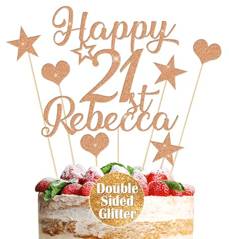 Personalised Cake Topper Custom Multicoloured Non-Shed Double Sided Glitter Decoration Happy Birthday Cake Topper with Any Name Any Age 13th 21st 30th 50th (Rose Gold)